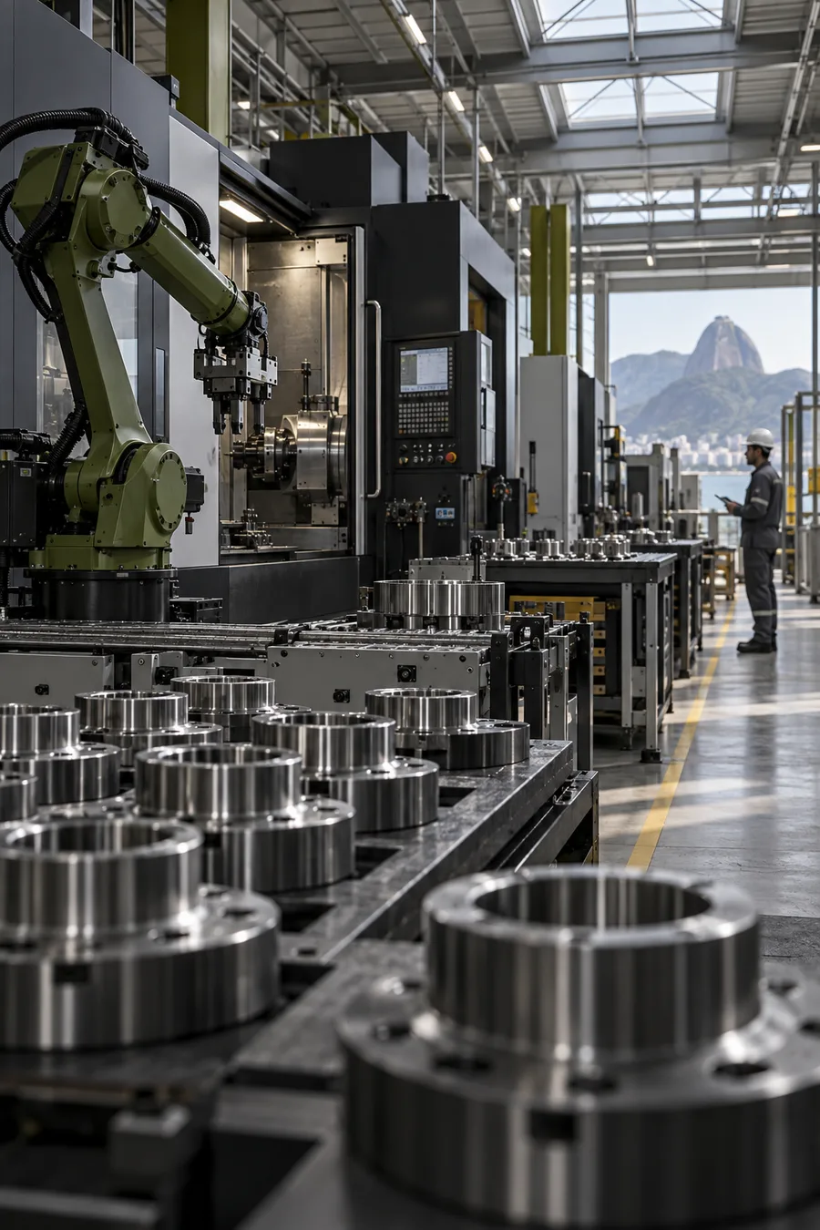 Linha de produção industrial moderna, representando os setores atendidos pela iNOVA